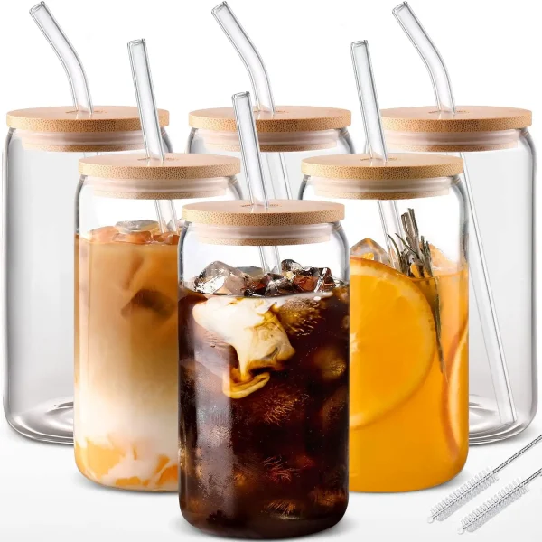 6pcs 18.6oz/550ml Drinking Glasses with Bamboo Lids and Glass Straw